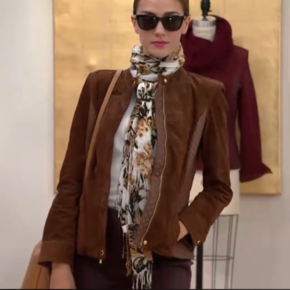 Isaac Mizrahi Suede Jacket w/ Lamb Leather Quilted Details Saddle Brown SZ 14 - Picture 1 of 16